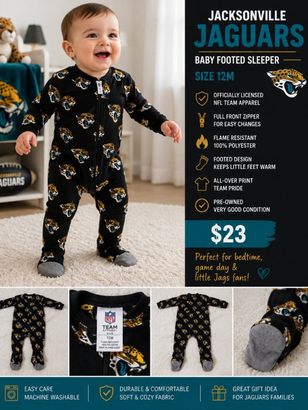Jacksonville Jaguars NFL Baby Footed Sleeper Pajamas 12M